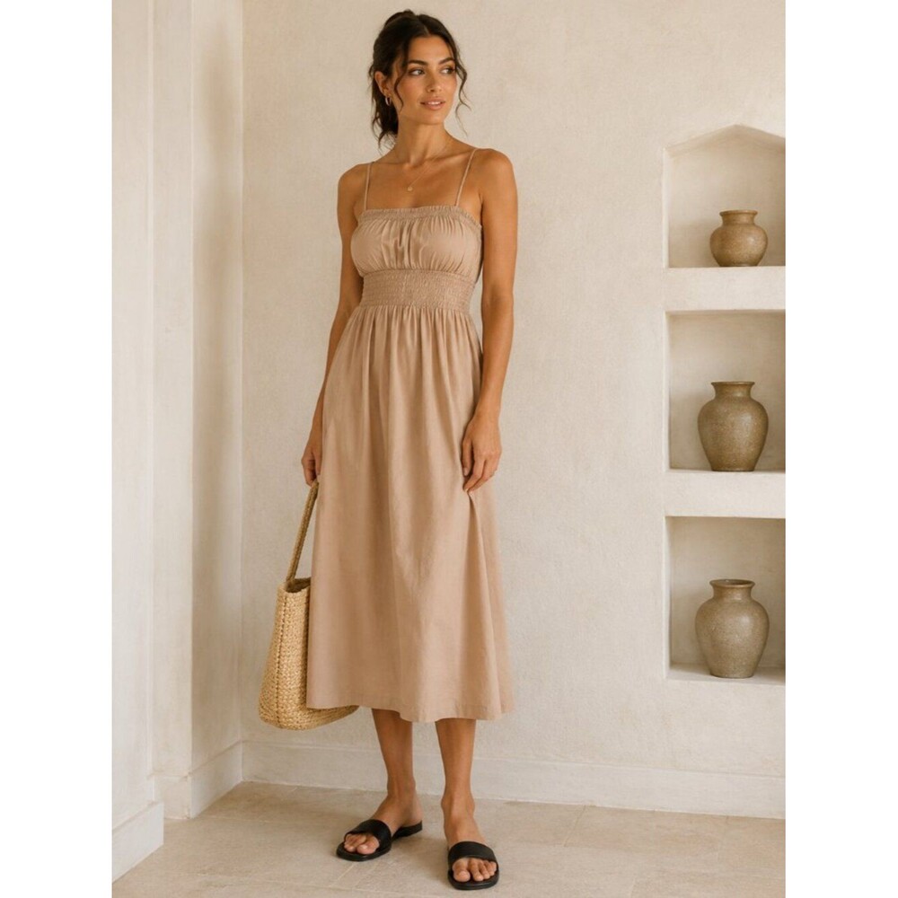Aritzia Wilfred Veranda Nude Beige Satin SundressFeminine Summer Midi Dress S